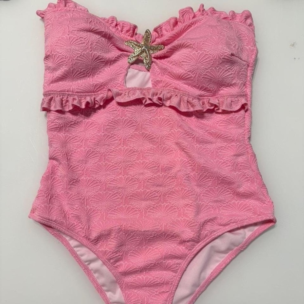 New XL Pink one piece swimsuit with ruffles and starfish detail